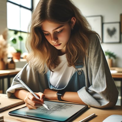 Teenagerin, die in einem Klassenzimmer sitzt und mit einem Apple Pen auf einem iPad zeichnet.