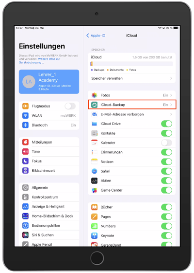 Screenshot iCloud-Backup aktivieren